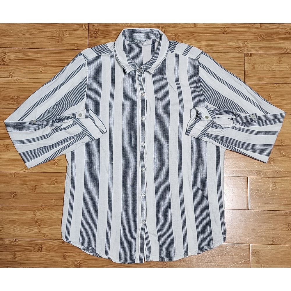 Orvis Top Womens Medium White Gray Striped Linen Rayon Button Shirt Long Sleeve